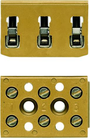 Metallisierte Leiste mit drei Metallklemmen oben, drei nummerierten Öffnungen und sechs Schrauben darunter. Technisches Bauteil zur Verbindung.