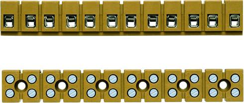 Zwei Reihen von gelben elektrischen Klemmen, die jeweils sechs Schraubplätze haben.