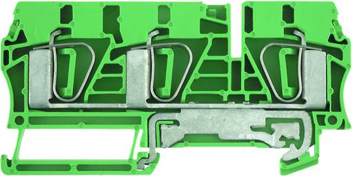 Grüne elektrische Klemmenleiste aus Kunststoff mit metallischen Verbindungen. Verwendet für die Verkabelung in elektrischen Schaltungen.