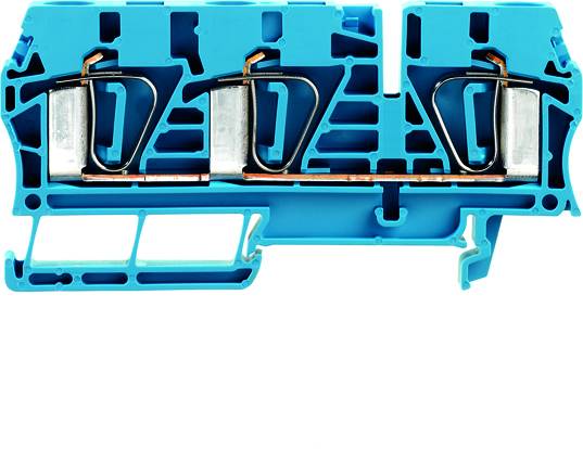 Eine blaue elektrische Klemmleiste mit Metallkontakten. Sie wird zur Verbindung elektrischer Leitungen verwendet.