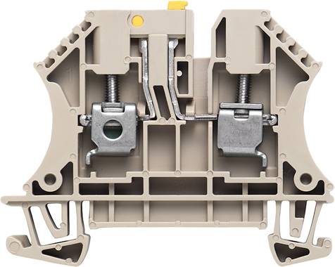 Graues, zweiteiliges Klemmengehäuse aus Kunststoff mit Metalleinsätzen zur Befestigung von elektrischen Leitern.