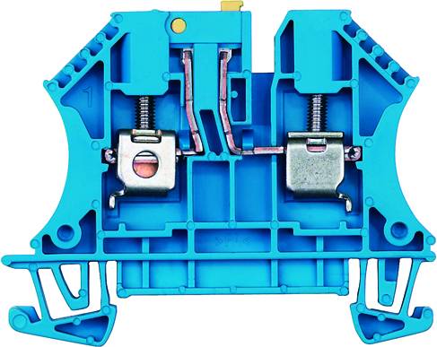 Blauer elektrischer Klemmenblock aus Kunststoff mit Metallanschlüssen und Federsystem, links und rechts.