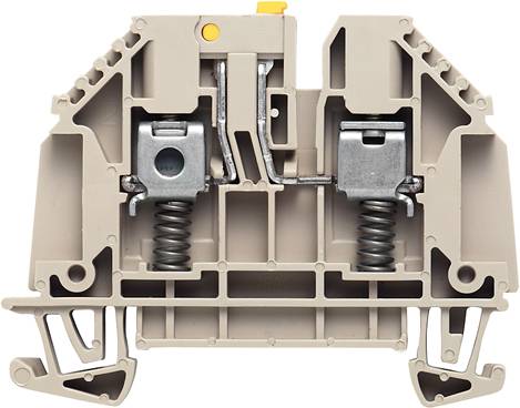 Eine graue elektrische Klemmenleiste mit Federanschluss zur Verdrahtung, geeignet für industrielle Anwendungen.