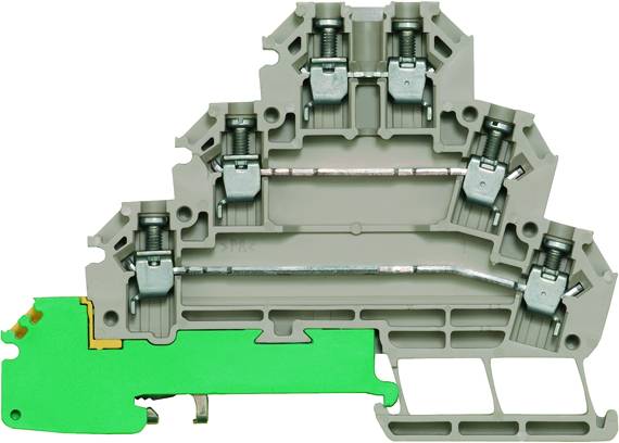 Schnittmodell einer grauen und grünen elektrischen Reihenklemme mit Metallschraubverbindern und Anschlüssen. Geeignet für Verdrahtungssysteme.