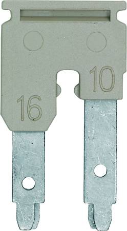 'Sicherungsstecker mit Aufschrift '16' links und '10' rechts, zwei Metallkontakte unten, zylindrische Formen oberhalb, grau.'