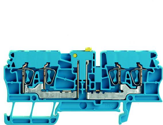 Ein blauer elektrischer Klemmenblock mit Metallteilen zeigt den Querschnitt und die internen Verbindungen für den Anschluss von Drähten.