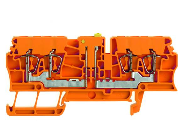 Orangefarbener elektrischer Reihenklemmenblock, zeigt Metallverbindungen und Cliphalterungen, verwendet für elektrische Verbindungen.