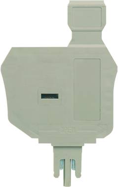 Grauer Steckverbinder mit rechteckiger Form und zwei Metallstiften unten zur elektrischen Verbindung. Oben eine Halterungsstruktur.