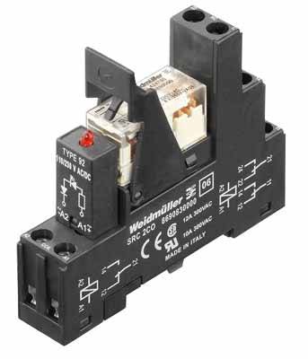 Ein Weidmüller-Relais vom Typ S2 auf einer schwarzen Basis, Beschriftung 'SRC2C', Anschlussklemmen oben; dient zur elektrischen Steuerung.