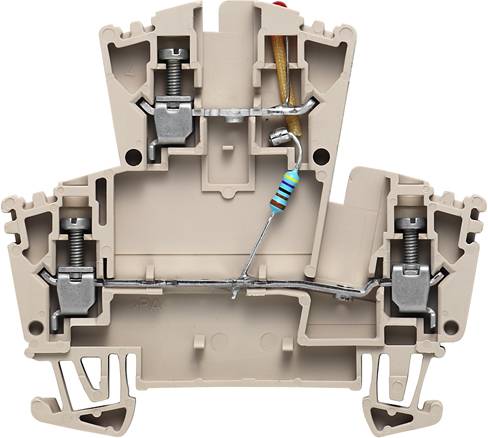 Ein beigefarbener elektrischer Steckverbinder mit zwei Anschlüssen, einem Widerstand und einem Erdungskabel in der Mitte.