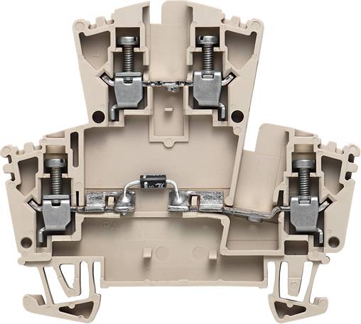 Ein beiger elektrischer Reihenklemmenblock mit zwei Klemmstellen, Schraubverbindungen und Metallelementen für Leitungen.