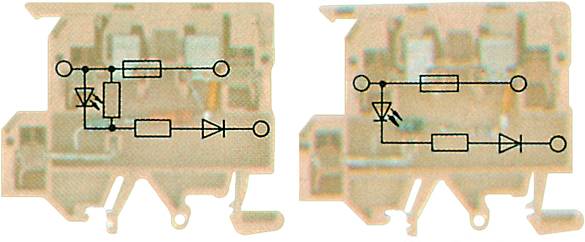 Diagramm von zwei elektrischen Schaltungen mit Symbolen für Widerstände, Dioden und Verbindungen in rechteckigen Gehäusen.