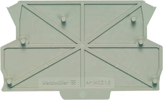 Endplatte von Weidmüller, Modell AP MCZ 1.5, grau. Dient zum Abschluss und Schutz von Klemmen auf einer Hutschiene.
