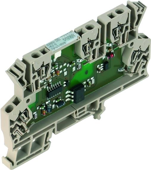 Elektronische Leiterplatte in einem grauen Gehäuse mit Anschlüssen. Verwendet in elektrischen Schaltungen zur Signalverarbeitung.