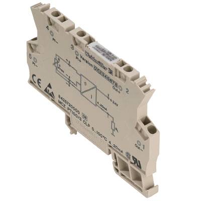 Elektronisches Bauteil mit Beschriftung, zeigt Schaltsymbol und CE-Kennzeichnung. Beige Kunststoffhülle mit Anschlüssen oben und unten.
