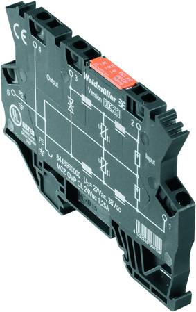 Elektronisches Modul mit Schaltungsdiagramm und technischen Spezifikationen auf der Vorderseite, inklusive Spannungsangaben und Herstellerlogo.