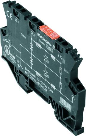 Ein elektronisches Weidmüller Relaismodul mit technischen Aufdrucken und Anschlüssen für Eingang und Ausgang, Modell MCZ OVP BL.