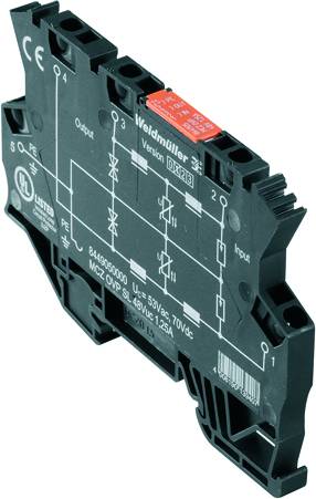 Ein schwarzes, rechteckiges elektrisches Schaltgerät von Weidmüller mit weißen Markierungen und einem roten Element oben.