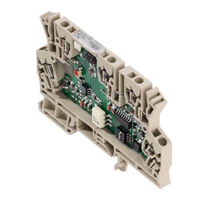 Elektronische Platine mit grüner Leiterplatte, montiert in einem beige Kunststoffgehäuse. Verfügt über mehrere Anschlüsse und Komponenten.
