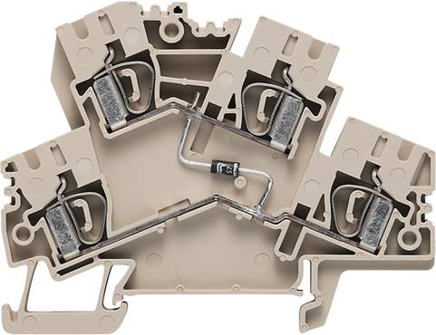 Ein beiger Elektro-Anschlussblock mit mehreren Metallklemmen und einem sichtbaren Verbindungselement in der Mitte.