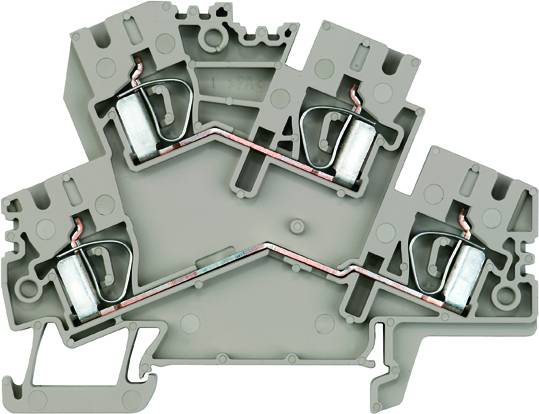 Graue elektrische Klemme mit drei verbundenen Leitern und Metallverbindungen, die komplexe Schaltungen ermöglichen.