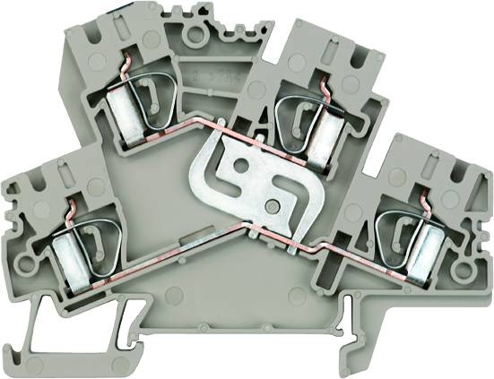 Bild zeigt ein graues elektrisches Klemmenblockgehäuse mit mehreren Anschlüssen und Metallverbindungen, schematische Darstellung.