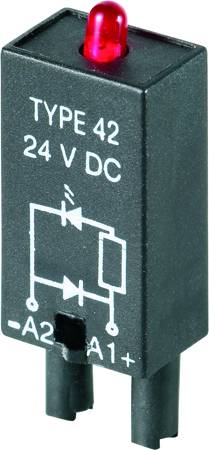 Ein schwarzes elektronisches Bauteil mit der Aufschrift 'TYPE 42 24 V DC' und einem roten Leuchtelement oben. Diagramm zeigt Stromkreissymbol.