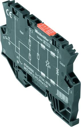 Das Bild zeigt ein elektrisches Bauteil von Weidmüller, einen Überspannungsschutz mit klar erkennbaren Anschlüssen und Schaltzeichen.