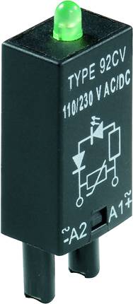 Eine schwarze, rechteckige elektronische Komponente mit einer grünen LED oben. Aufgedruckt sind Schaltsymbole und die Aufschrift 'Type 92CV 110/230 V AC/DC'.