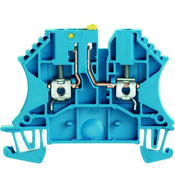 Blaues, zweistöckiges elektrisches Reihenklemmengehäuse mit Metalleinsätzen und Schraubanschlüssen zur Befestigung von Leitungen.