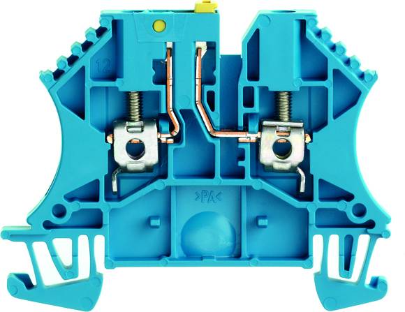 Blauer elektrischer Reihenklemmblock in Nahaufnahme, zeigt interne Metallklemmen und Anschlussmechanismen.