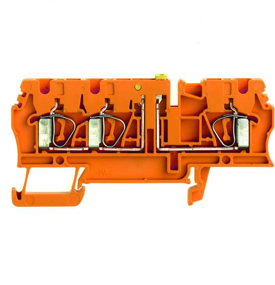 Ein orangener Elektroklemmblock mit drei Anschlusspunkten und Metallverbindungen, zeigt interne Schaltkreise.