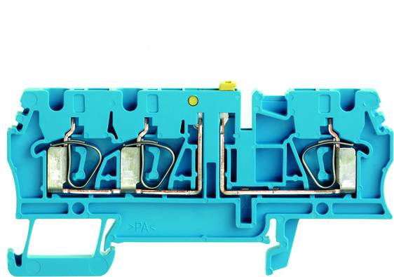 Ein blauer elektrischer Reihenklemmenblock mit Metallverbindungen und Schraubmechanismen, verwendet zur sicheren Kabelverbindung.