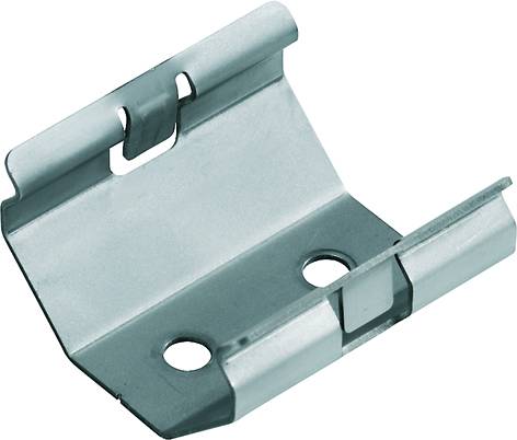 Ein Metallclip mit zwei Löchern und einem Haken, möglicherweise zur Befestigung von Gegenständen an einer Oberfläche gedacht.