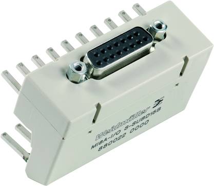 Ein rechteckiger elektrischer Steckverbinder mit mehreren Anschlüssen ist abgebildet. Aufdruck: 'Weidmüller MIBA-I/O S-SUB015B 860022 0000'.