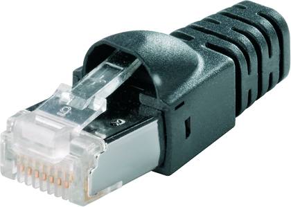Ein schwarzer Ethernet-Stecker mit transparentem Ende und acht Kupferkontakten, der für Netzwerkverbindungen verwendet wird.