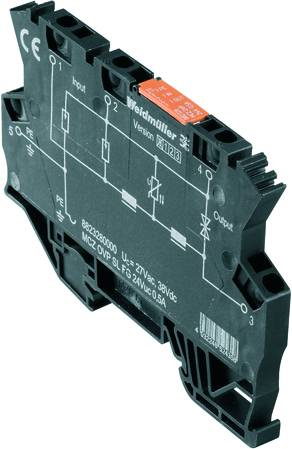 Elektronische Komponente mit Schaltplan auf Gehäuse, zeigt Ein- und Ausgänge sowie Spannungsspezifikationen.
