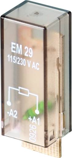 Ein rechteckiges Relais mit der Aufschrift 'EM 29 115/230 V AC'. Enthält elektrische Anschlussdiagramme auf der transparenten Hülle.