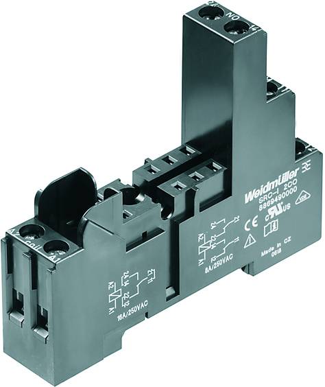 Ein schwarzer Elektroschalter von Weidmüller mit mehreren Anschlüssen und technischen Spezifikationen auf der Oberfläche.