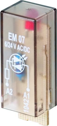 Ein transparentes Relais mit der Aufschrift 'EM 07 6/24 V AC/DC' zeigt Schaltkreisdiagramm und hat Anschlüsse A1 und A2.