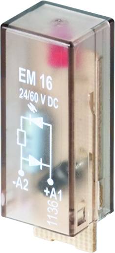 Ein rechteckiges, transparentes Relais mit der Aufschrift 'EM 16 24/60 V DC', zeigt ein Schaltsymbol und Anschlüsse +A1 und -A2.