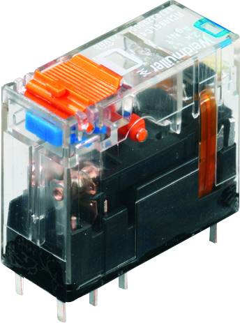 Relais mit transparentem Gehäuse, roten und blauen Bedienelementen und Kupferverbindungen sichtbar innen.