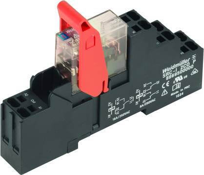 Ein elektronisches Relais von Weidmüller mit rotem Hebel auf schwarzer Basis. Modellnummer und elektrische Spezifikationen sind sichtbar.