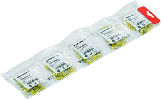 Eine durchsichtige Verpackung mit gelben elektrischen Anschlüssen der Marke 'Weidmüller', erkennbar durch Etiketten auf der Verpackung.