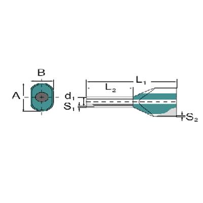 Technische Zeichnung eines Bohrkopfes mit verschiedenen Maßangaben. Beschriftungen: A, B, d₁, S₁, S₂, L₁, L₂.