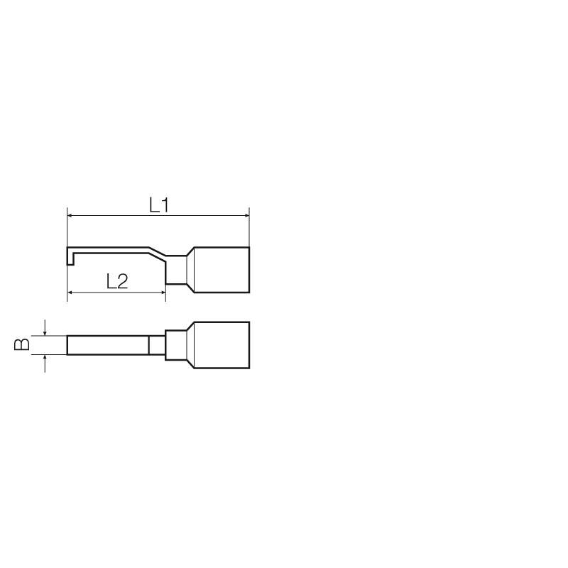 Technische Zeichnung zeigt eine Metallkonstruktion mit den Längen L1 und L2, sowie Durchmesser B. Schnittansicht und Seitenansicht dargestellt.