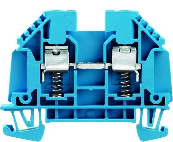 Blaues Reihenklemmen-Gehäuse mit Metallklemmen und Federmechanismus, zur elektrischen Verbindung in Verteilerschränken verwendet.