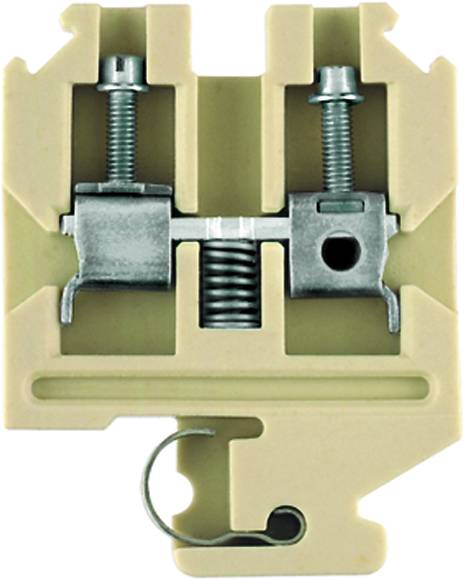 Ein Beige-silberner Klemmblock mit Schraubverbindungen und Federmechanismus zur elektrischen Verdrahtung.