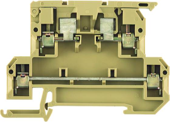 Bild zeigt eine Reihenklemme, beige, mit Metallkontaktpunkten, geeignet für die Verdrahtung elektrischer Verbindungen auf einer Hutschiene.