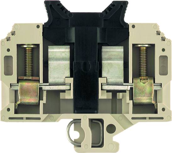 Ein zweireihiger elektrischer Federzugklemmenblock mit schwarzem und grauem Gehäuse, sichtbar sind Metallkontaktstellen.